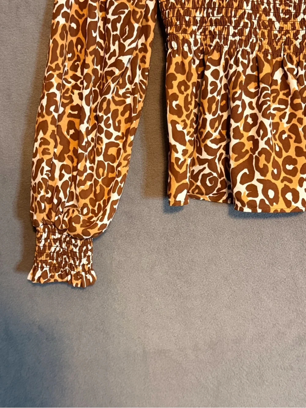 Lilly Pulitzer Brown Leopard Print Smocked Peplum Long Sleeve Blouse Cheetah